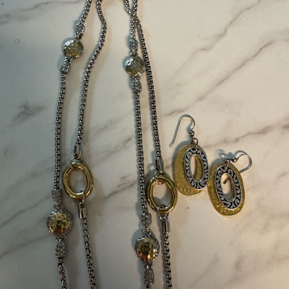 Two-Tone Silver and Gold Oval Necklace and Earrings Set